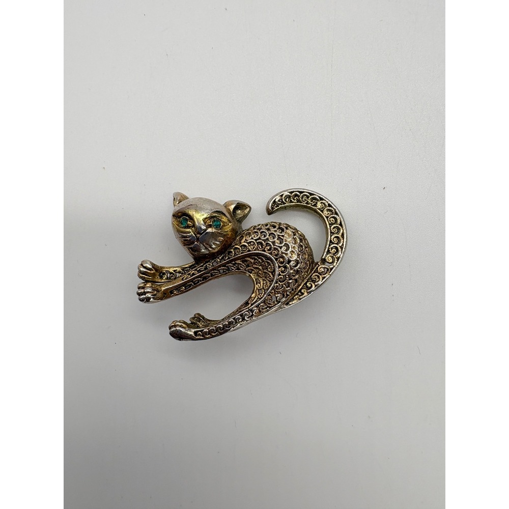 Vintage Style Silver Gold Tone Arched Cat Brooch Green Rhinestone Eyes
